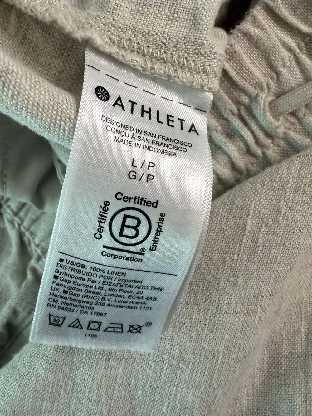 Athleta 100% Linen Wide Leg Crop Pants Oatmeal Beige Drawstring‎ Large Petite